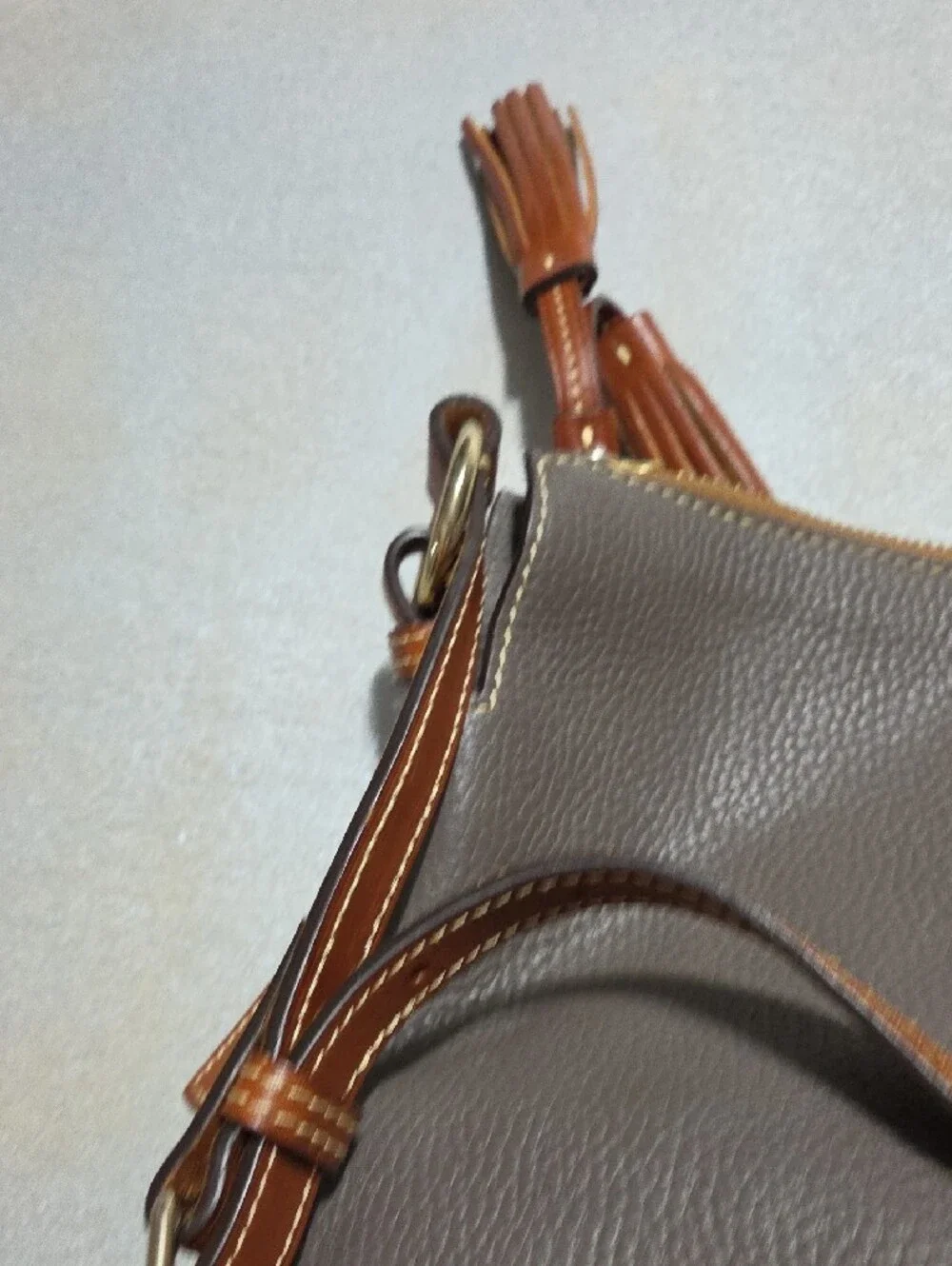 Dooney & Bourke Gray Pebbled Leather Crossbody with Brown Trim